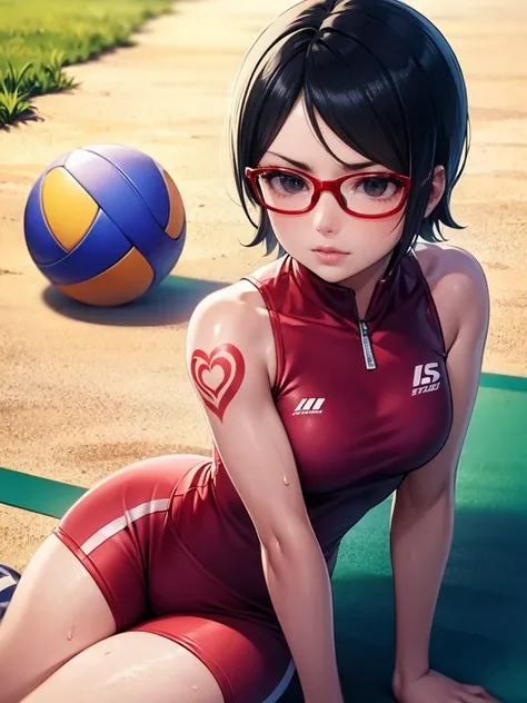 Illustration in the style of comic artist "Mike Deodato". "Sarada Uchiha" with short hair, black eyes and prescription glasses. Tattoos. She is playing volleyball on a curled up morning on the beach in Okinawa. She is being illuminated by the sunlight high...