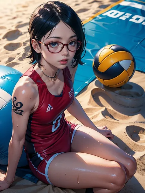 Illustration in the style of comic artist "Mike Deodato". "Sarada Uchiha" with short hair, black eyes and prescription glasses. Tattoos. (She is dressed as a beach volleyball player). She is playing volleyball on a curled up morning on the beach in Okinawa...