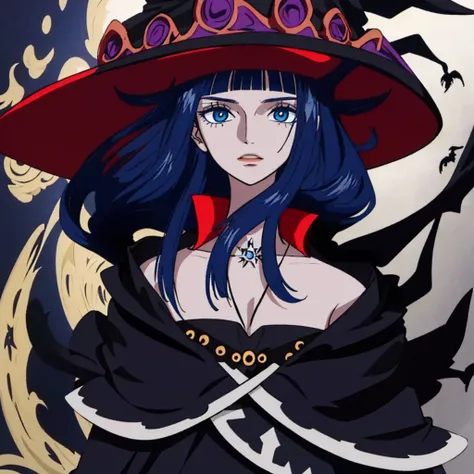 1 girl,witch, solo, long hair, (((witch attire))) , (((witch hat))) , masterpiece, perfect composition, detailed, detailed character, blue eyes, blunt bangs, dark blue hair, beautiful face, really beautiful face.