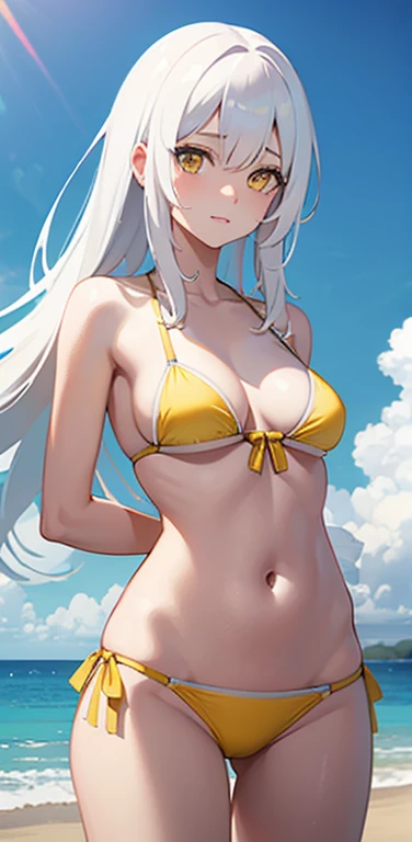 Realistic、1girl、white hair、yellow eyes、white bikini:1.5、cute face,cowboy shot:1.5,beach、wallpaper