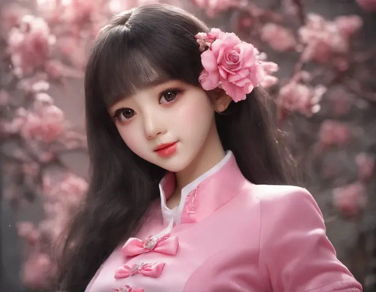 Surrealism，So charming，Oval face、big eyes、straight nose、sexy lips，1.66 meters，Pink nurses uniform，Pure white turtleneck cheongsam top，Narrow black skirt，Twenty-three inch waist，，Rose red three-inch high heels