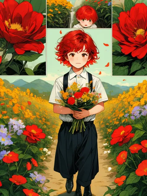 masterpiece, collage of little boy holding flowers, short red hair, colorful flowers