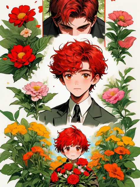 masterpiece, collage of little boy holding flowers, short red hair, colorful flowers