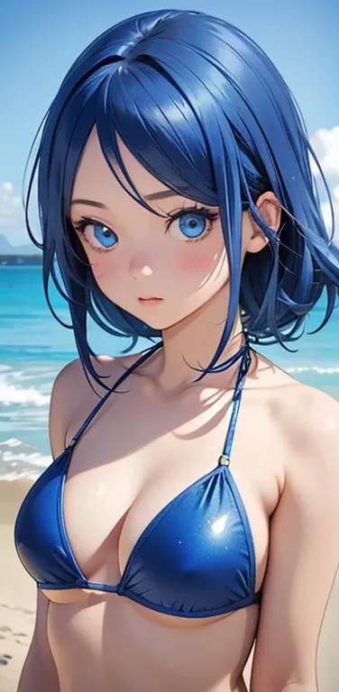 Realistic、1girl、blue hair、blue eyes、gradient eyes,(blue enamel bikini)、cute face,face focus,upper body:1.5,beach、wallpaper