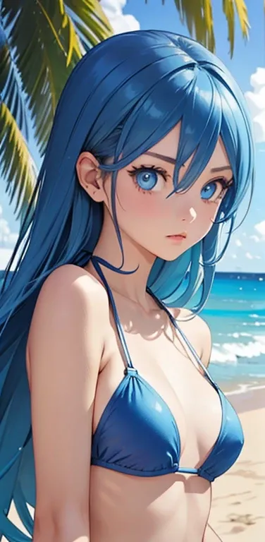 Realistic、1girl、blue hair、blue eyes、gradient eyes,(blue enamel bikini)、cute face,face focus,upper body:1.5,beach、wallpaper