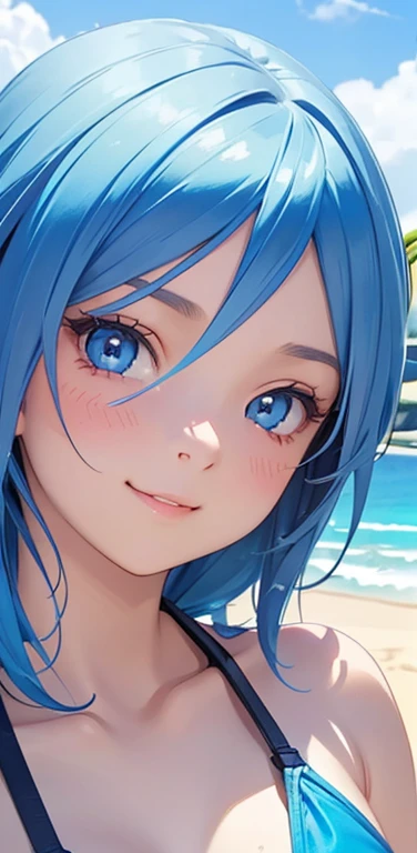 Realistic、1girl、blue hair、blue eyes、(gradient eyes),(blue enamel bikini)、happy,cute face,(face focus:1.5),upper body:1.5,beach、wallpaper