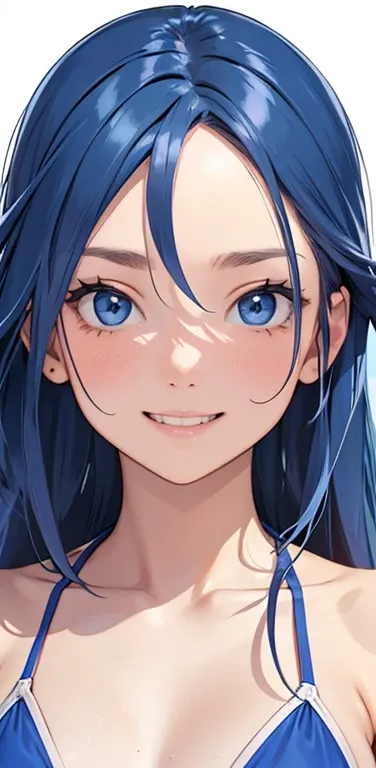 Realistic、1girl、blue hair、blue eyes、(gradient eyes),(blue enamel bikini)、grin,forehead,cute face,(face focus:1.3),upper body:1.5,beach、wallpaper