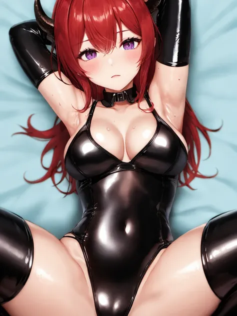 (best quality,highres,masterpiece:1.2),ultra-detailed,1 girl,harmonious finger proportions,shiny skin, (sleepy:1.2), little girl,arms up,armpits,sweat,steam,arms behind head,squatting,thick thigh,covered nipples, (black latex:1.4), (red_hair:1.3), long_hai...