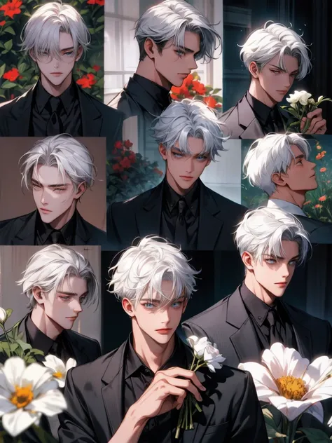 masterpiece, collage of teenage boy holding flowers,  white hair