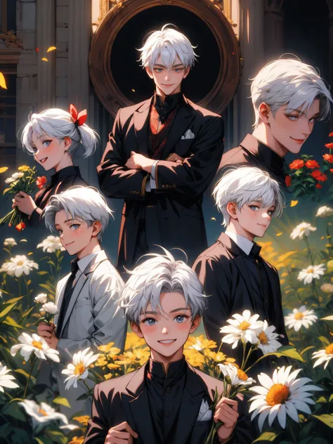 masterpiece, collage of little boy holding flowers,  white hair, happy, smile