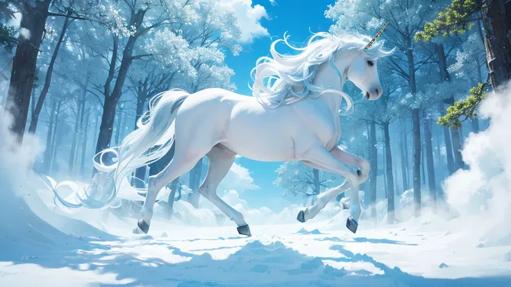 light blue-white tones，beautiful scenery without people，a fantastic unicorn，stepping on the trees of the clouds，best quality，mas...