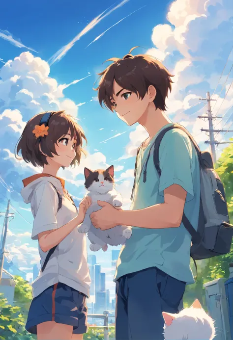 1 man looking at a kitten white，Boys with headphones，ssmile，The background is blue sky and white clouds