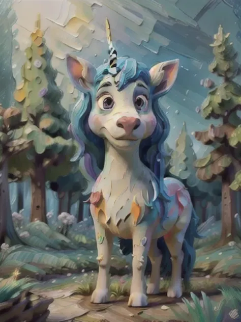 Unicorn on the woods, magic ambience, uhd, incredible illustration, amazing forest, oil painting, impasto