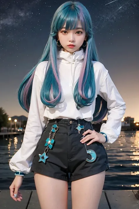 25 years girl with blue hair and black shorts standing on dock,  girl with teal hair, toshca earring 