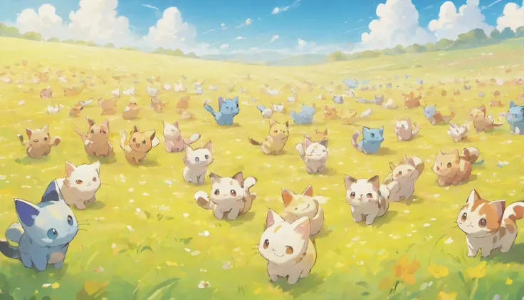 An army of thousands of colorful kittens stretches to the horizon, field, Sunny summer day