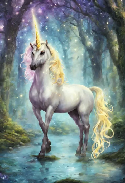 beautiful fantasy unicorn, magical creature, glowing horn, ethereal mane, shimmering scales, majestic presence, enchanting eyes,...