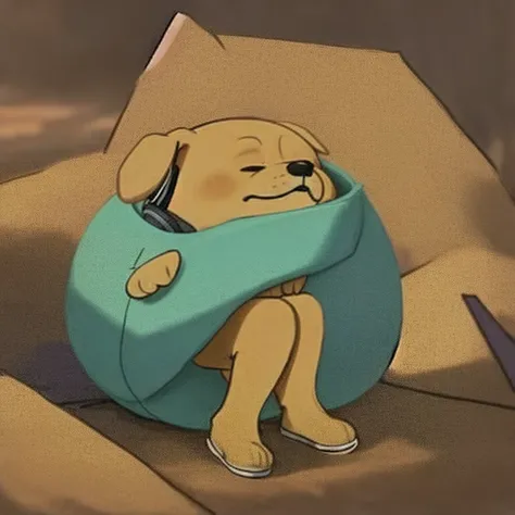 cartoon of a dog with headphones on sitting on a fence, jake the dog, listening to music at 2 am, Adventure Time cartoon, greg ], in the world of Adventure Time, I slept in the segment last night, finn from Adventure Time, He has headphones, Adventure Time...