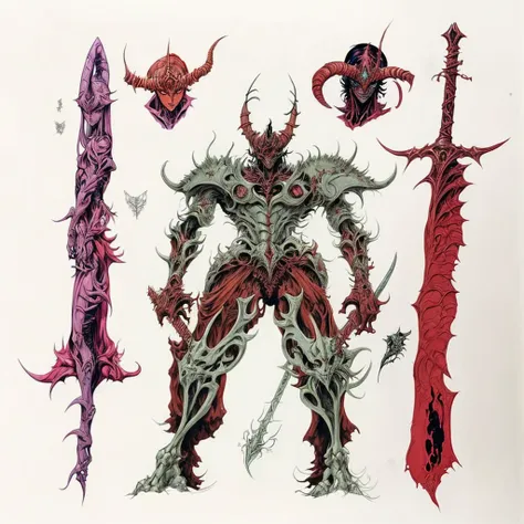 a drawing of a demonic figure with a sword, inspired by Ian Miller, colored ink drawing, 6 billion demons style, high quality colored sketch, nge dark fantasy, full body savage devilman, guyver style, colored concept art, full body concept, complex fantasy...