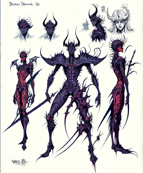 a drawing of a demonic figure with a sword, inspired by Ian Miller, colored ink drawing, 6 billion demons style, high quality colored sketch, nge dark fantasy, full body savage devilman, guyver style, colored concept art, full body concept, complex fantasy...