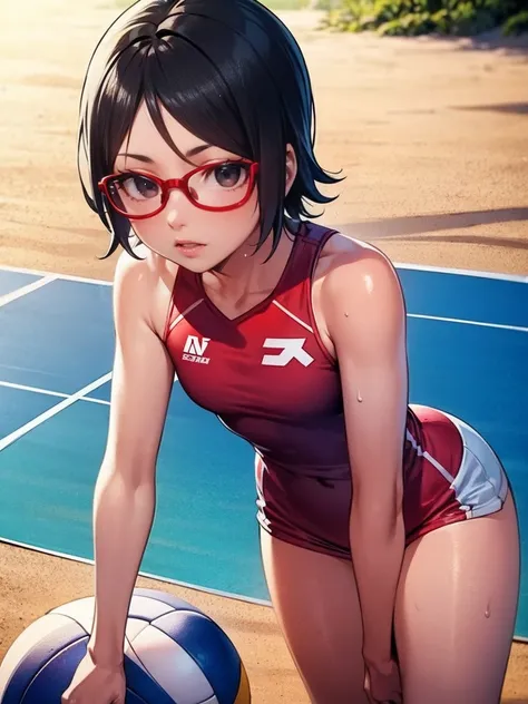 Illustration in the style of comic artist "Mike Deodato". "Sarada Uchiha" with short hair, black eyes and prescription glasses. Tattoos. (She is dressed as a beach volleyball player). She is playing volleyball on a curled up morning on the beach in Okinawa...