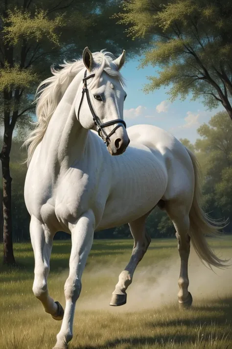 "Elegance in Motion: A Majestic White Horse Galloping in a Field"