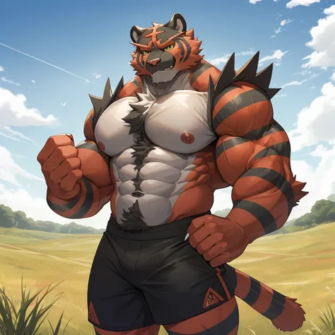 Pokemon,Incineroar,furry,tiger,Feline,male,adult,alone,4K,HD quality,best quality,looking at the audience,hairy body,Upper body exposed,,bared  chest,Hairy chest,chest muscles, Pink nipples, Six-pack abs, biceps, 弯曲biceps,Furry tail anatomically correct,De...