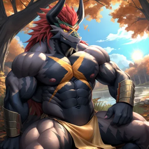 Batzz,Future Card Buddy fight,dragon,male,aldult,alone,4K,best quality,sit down,Meditate,坐在Fall裡修行,looking at the audience,Show muscles,Upper body exposed,bared  chest,chest muscles, Pink nipples, Six-pack abs,biceps,Cross scar on chest,dragon尾巴,anatomical...