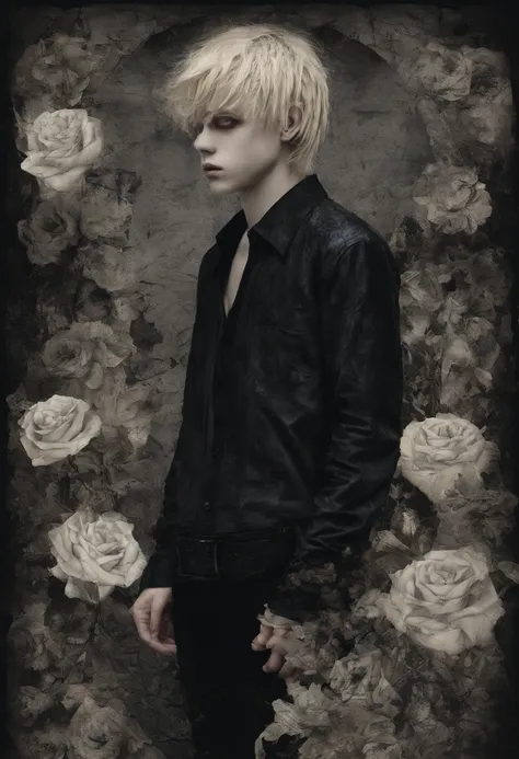 masterpiece, collage of teenage boy, casual outfit, flowers, blond hair, black hair,
