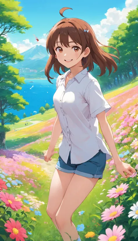 (Realistic),(Photorealistic),Takagi_San, 1girl in, Long hair,((White School Shirt)), Brown hair, Part bangs, Brown eyes,Pink tank top,large full breasts,cleavage of the breast,Light Blue Jeans Shorts,Pink Tank Top,Black sneakers,Forehead,Smile, Looking at ...