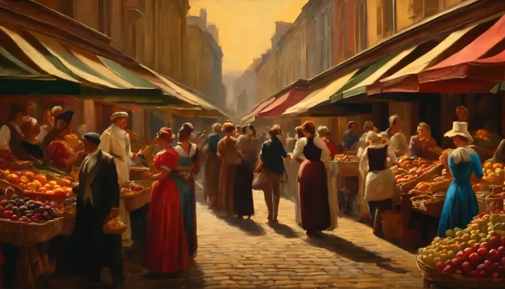 neoclassical oil people shopping in the market