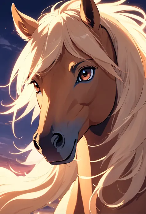 a beautiful light brown horse, (mare), animated gifs, expressive eyes, looking at viewer, long white mane, (stable), (in heat), (seducing viewer),