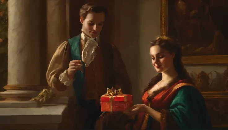 neoclassical oil person receiving a gift smiling