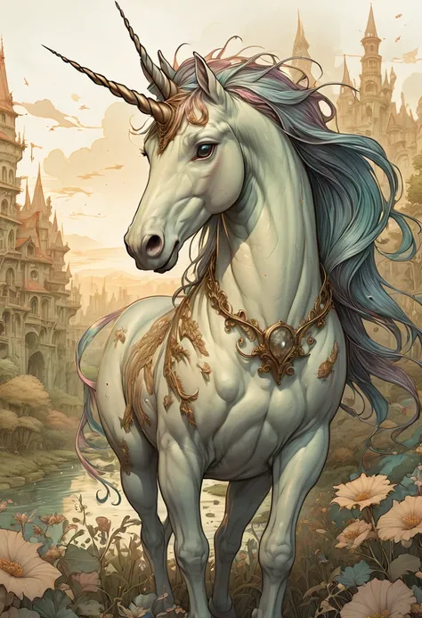 Fantasy Unicorn, by Gris Grimly, best quality, masterpiece, Ultra high detail, 8k