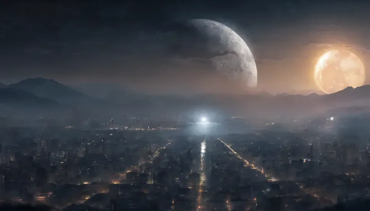 Animation of a moon casting its silvery light over a sleeping city. Imagem realista, high resolution,  8k, obra-prima 