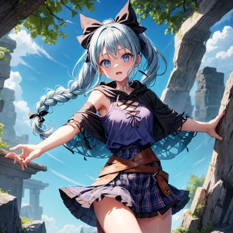 patina hair、blue eyes、Braid、ponytail、one good looking girl、solo、anime、Plaid miniskirt、camisole、black t-shirt、Tilting your face、Doing the ribbon、Ribbon at waist、Raising legs、cloak、the ground is cracked、Crystal Grotto、wearing a hood、look back