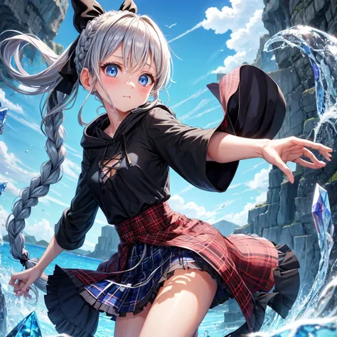 patina hair、blue eyes、Braid、ponytail、one good looking girl、solo、anime、Plaid miniskirt、camisole、black t-shirt、Tilting your face、Doing the ribbon、Ribbon at waist、Raising legs、cloak、the ground is cracked、Crystal Grotto、wearing a hood、look back