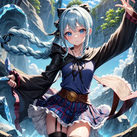 patina hair、blue eyes、Braid、ponytail、one good looking girl、solo、anime、Plaid miniskirt、camisole、black t-shirt、Tilting your face、Doing the ribbon、Ribbon at waist、Raising legs、cloak、the ground is cracked、Crystal Grotto、wearing a hood、look back、bullet