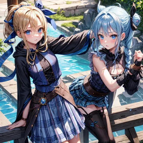 patina hair、blue eyes、Braid、ponytail、one good looking girl、solo、anime、Plaid miniskirt、camisole、black t-shirt、Tilting your face、Doing the ribbon、Ribbon at waist、Raising legs、cloak、the ground is cracked、Crystal Grotto、wearing a hood、look back、bullet