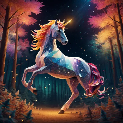 stunning  "ponytailed (warm light unicorn:1.2)", zentangle sky, origami forest, starry sky, sparkles in the sky, speed up, raimbow, fantasy, 3d crunch, cinematic, in the forest, action, emotive, furious unicorn stud, run, be free, now is you time, scape!!