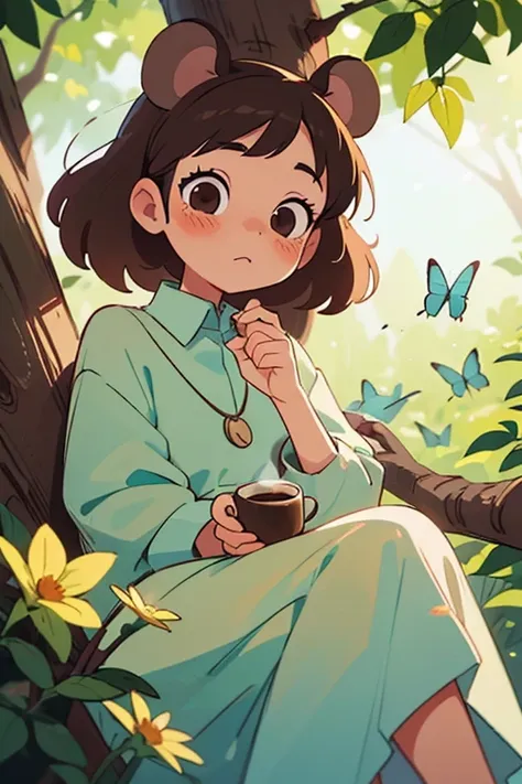 (mouse girl), (brown eyes), (coffee), (shy), (blush), illustrative medium, cute and detailed face and expression, long eyelashes,  body, flowy dress, sitting on a tree branch with leaves, surrounded by colorful flowers and butterflies, sunlight shining thr...