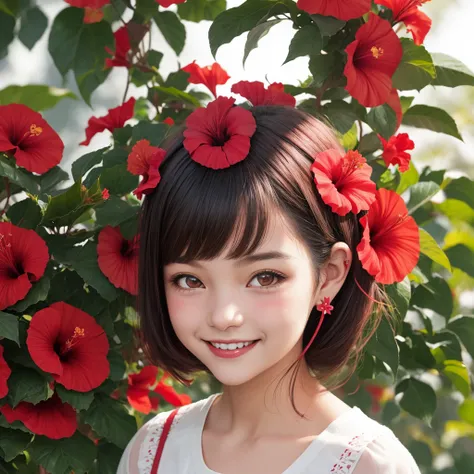 Hibiscus red flowers, cute girl tucked in ear, smiling, detail photo image.