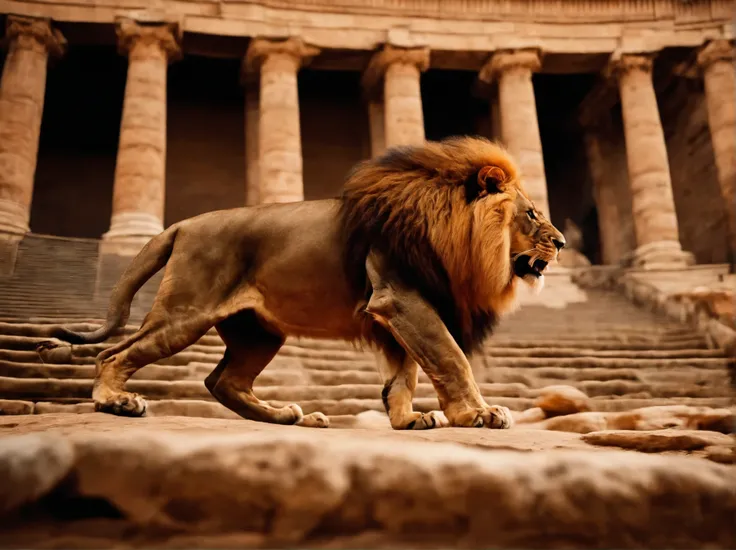 A mature male lion in the Roman Coliseum attacking a man.