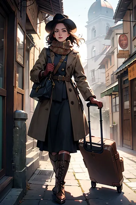 Beautiful woman with a carpetbag, vintage style, brown leather bag, intricately designed patterns, worn with a long, elegant coat, hat tilted to the side, scarf wrapped around her neck, gloves on her hands, carry-on luggage, holding the bag with one hand, ...