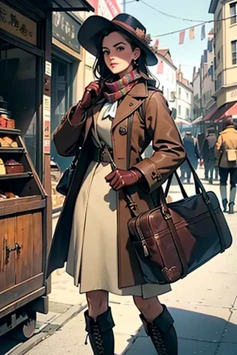 Beautiful woman with a carpetbag, vintage style, brown leather bag, intricately designed patterns, worn with a long, elegant coat, hat tilted to the side, scarf wrapped around her neck, gloves on her hands, carry-on luggage, holding the bag with one hand, ...