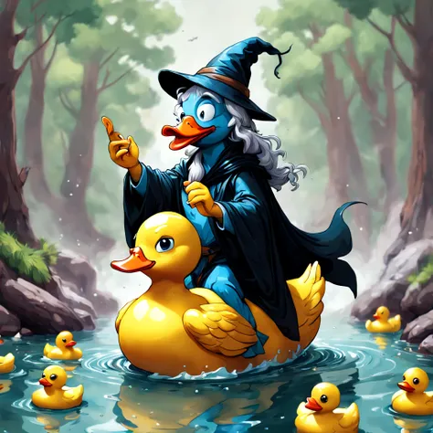 a rubber duck wizard in the style of vacation merlin from sword in the stone, closer to the style of hyperrealism rotoscope phot...