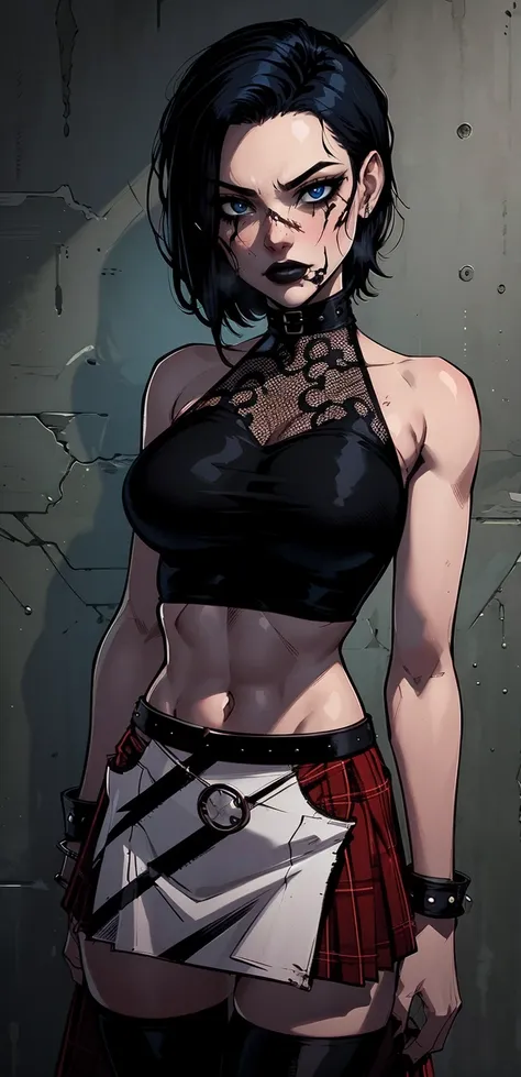 a woman with short black hair, hair on shoulders,  wearing a black cropped  and plaid skirt, blue eyes, zombie art, gothic art, ...