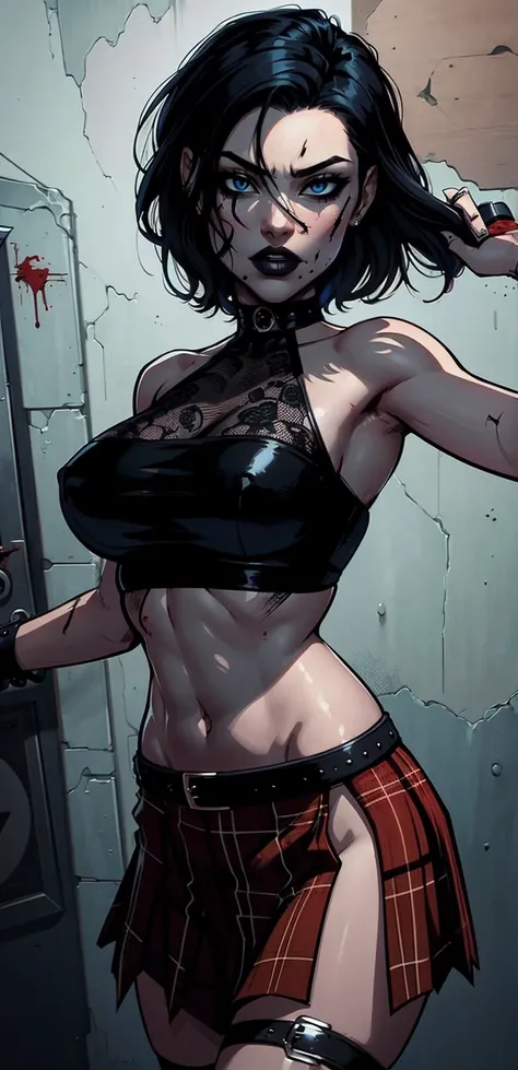 a woman with short black hair, hair on shoulders,  wearing a black cropped  and plaid skirt, blue eyes, zombie art, gothic art, cute aesthetic with vibe, toon aesthetic, wearing red costume, wearing gothic accessories, look like Cassie Hack, upper body, zo...