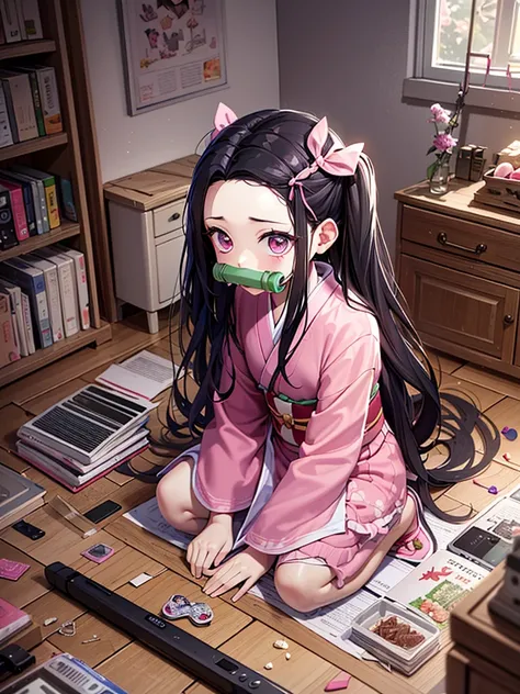 1girl (masterpiece) (highest quality) (shiny hair) (shiny skin), kamado nezuko, demon slayer style, black hair, forehead, hair ribbon, kimono, long hair, multicolored hair, pink eyes, pink kimono, pink ribbon, ribbon, very long hair, gagged, bit gag, (5 ye...