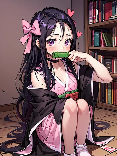 1girl (masterpiece) (highest quality) (shiny hair) (shiny skin), kamado nezuko, demon slayer style, black hair, forehead, hair ribbon, kimono, long hair, multicolored hair, pink eyes, pink kimono, pink ribbon, ribbon, very long hair, gagged, bit gag, (5 ye...