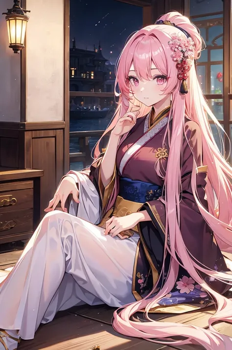 (masterpiece), HD hanfu female, European and American face, perfect face, long golden hair, Pink eyes, Very charming